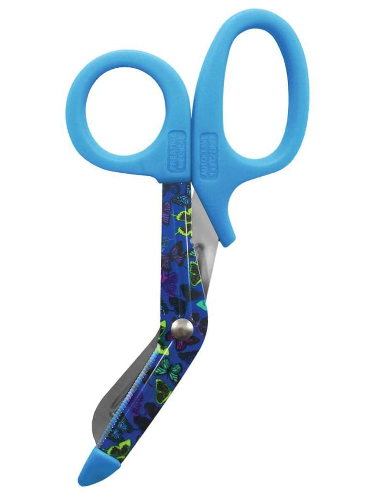 The Prestige Medical 5.5" Stylemate Utility Scissors in butterflies navy print with turquoise handles on a solid white background.