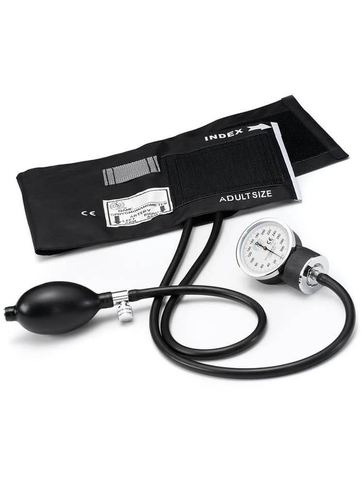 Prestige Medical Basic Aneroid Sphygmomanometer is a black adult size blood pressure cuff.