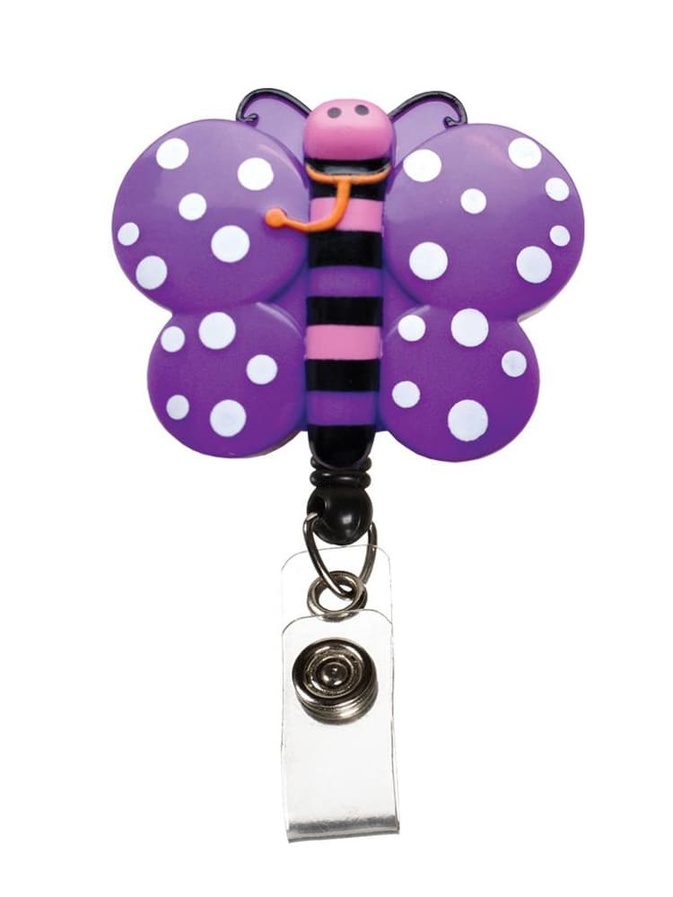 The Prestige Medical Deluxe Retractzee ID Holder in purple butterfly featuring a button-snap ID holder on a plain white background.