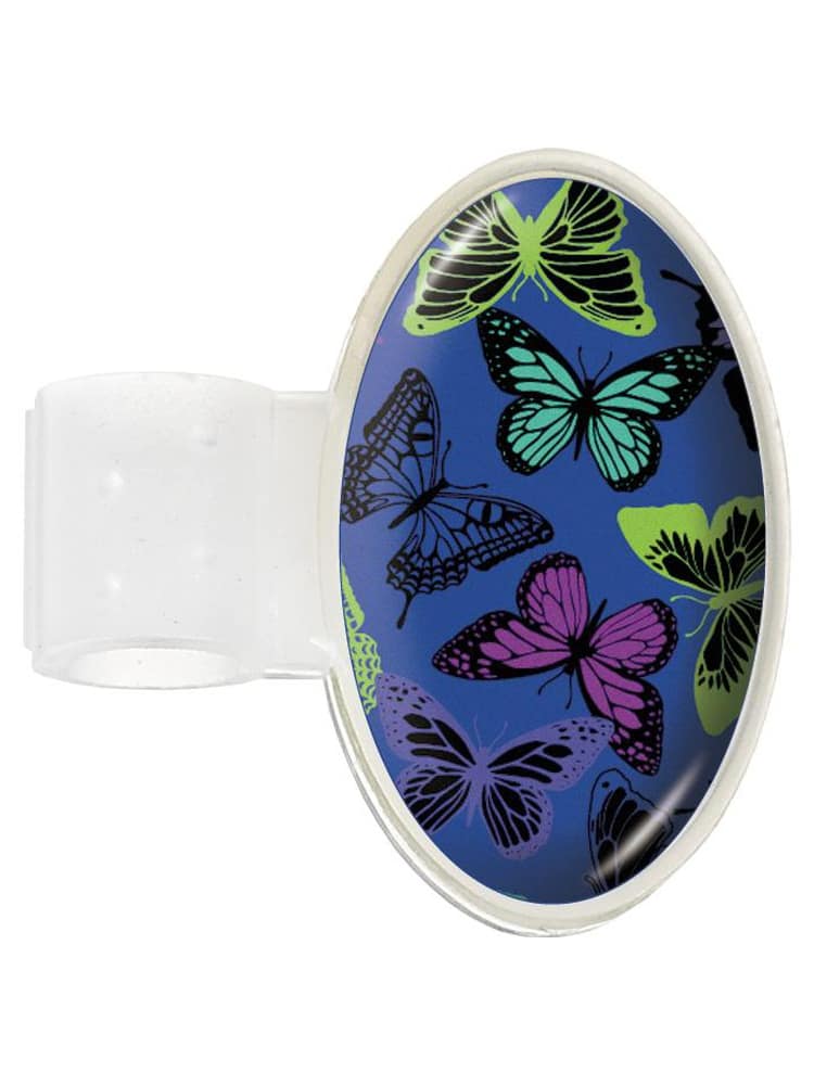 A Prestige Medical Dome ID Tag in Butterflies Navy featuring a secure adhesive closure.