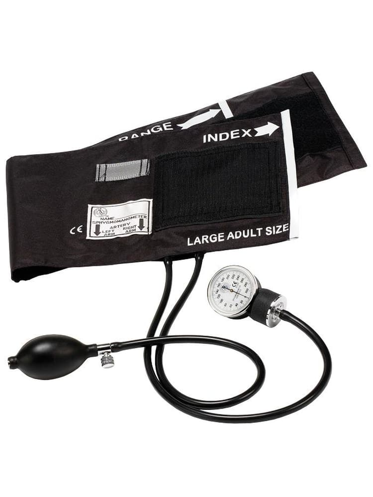 An image of the Prestige Medical Large Adult Basic Sphygmomanometer in Black featuring artery indicator mark, owner ID label & a gauge holder.