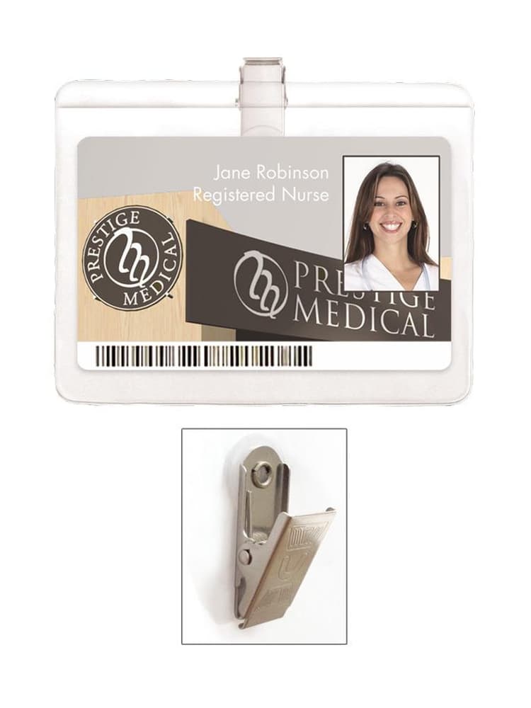 The Prestige Medical Protective ID Badge Holder featuring a metal bulldog clip for easy attachment on a solid white background.