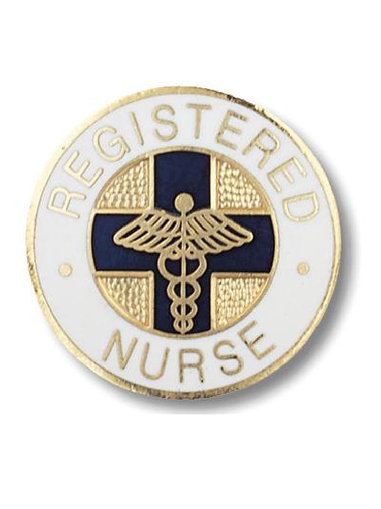 The Prestige Medical Registered Nurse Emblem Pin featuring a unique construction comprised of  finely ground glass, crystals, or precious metals & fired in a kiln.