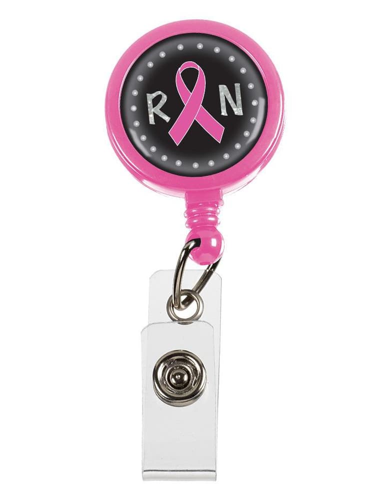Prestige Medical Retractable ID Holder in pink with RN & pink ribbon for breast cancer awareness