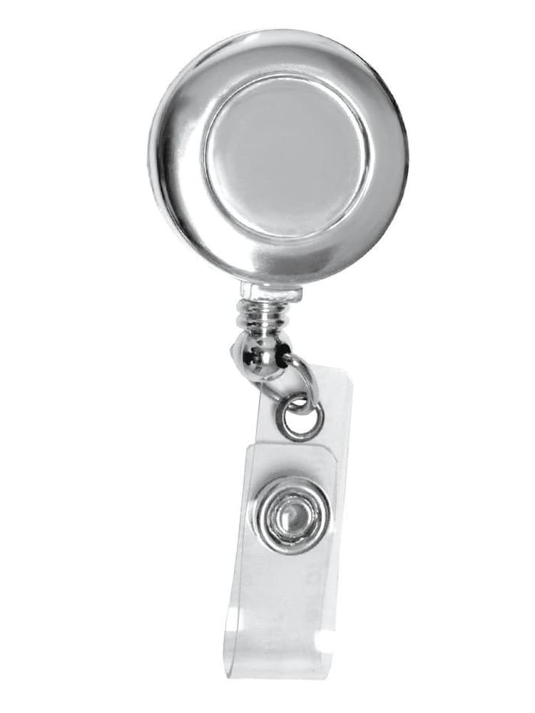 The Prestige Medical Retractable ID Holder in silver featuring a button snap holder on a plain white background.