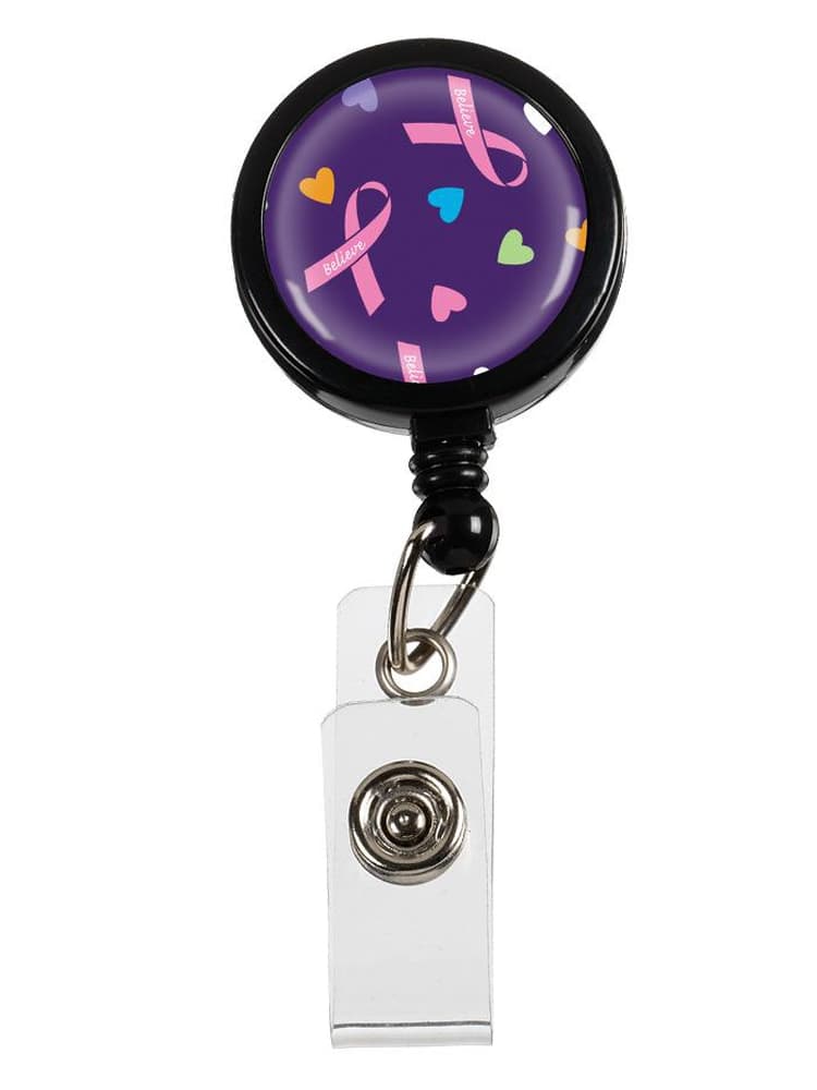 The Prestige Medical Retractable ID Holder in black with pink ribbons on purple for breast cancer awareness on a solid white background.