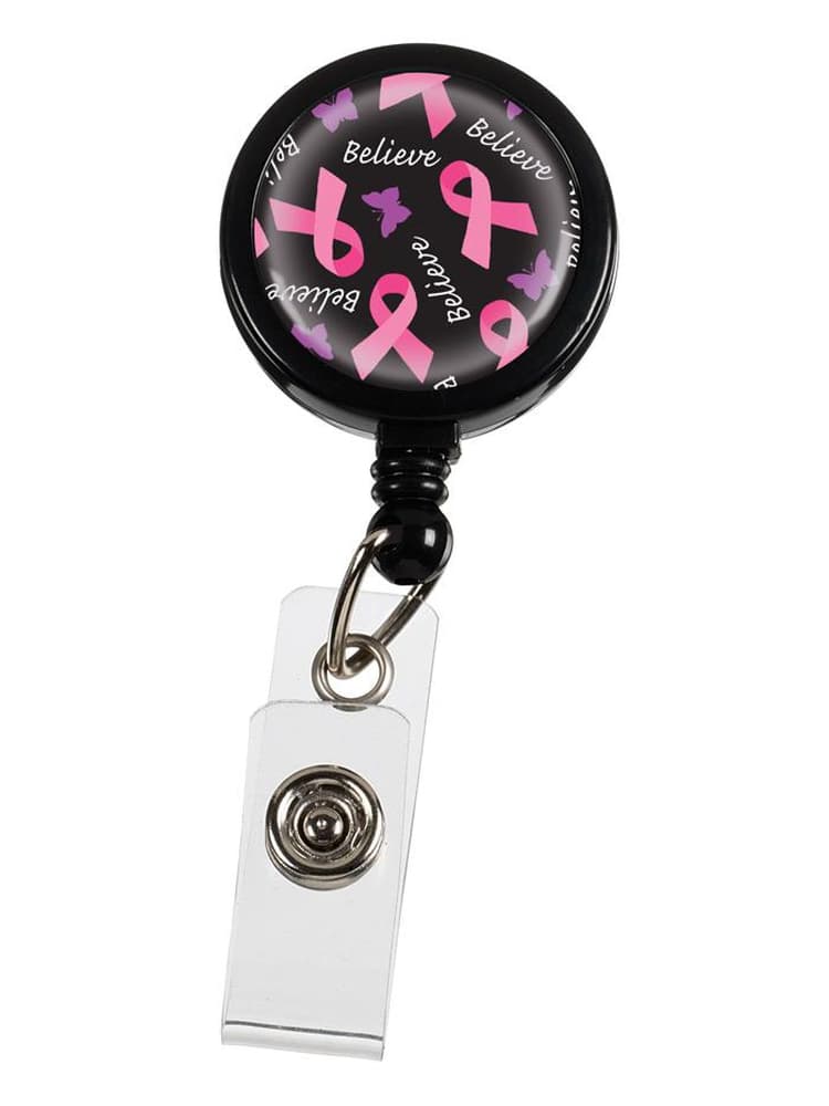 Prestige Medical Retractable ID Holder in black with pink ribbons and believe text on black for breast cancer awareness