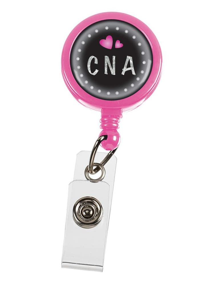 The Prestige Medical Retractable ID Holder in a Pink & Black CNA Print featuring a metal clip on back enables easy fastening to apparel on a plain white background.
