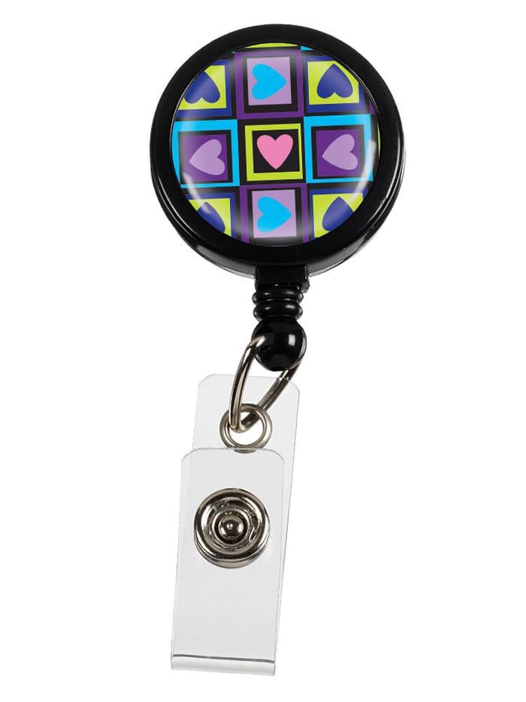 The Prestige Medical Retractable ID Holder in "Foure Square Hearts" on a solid, white background.
