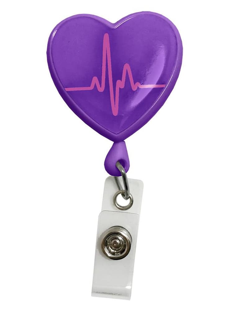 The Prestige Medical Retractable ID Holder in Purple EKG Print featuring a button snap holder on a plain white background.