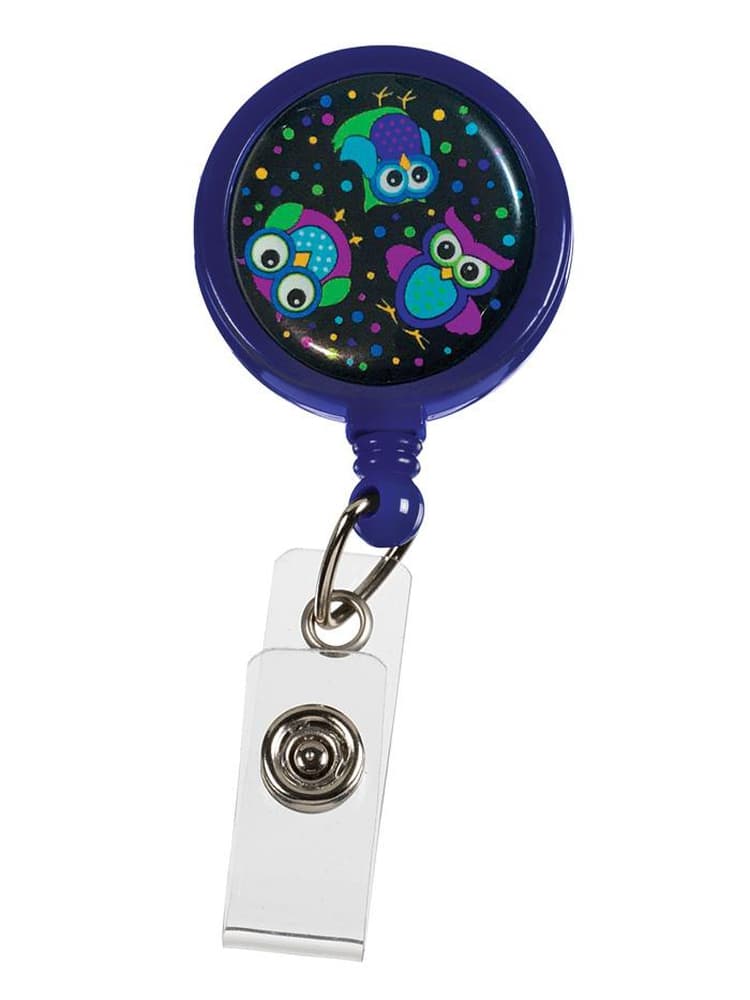 The Prestige Medical Retractable ID Holder in navy with party owl print on a plain white background.