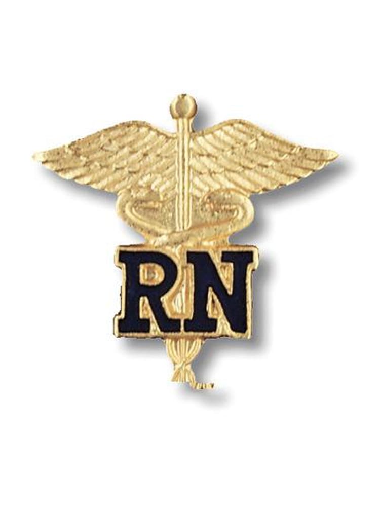 The RN Caduceus EMblem Pin from Prestige Medical featuring a gold colored finish on a solid, white background.