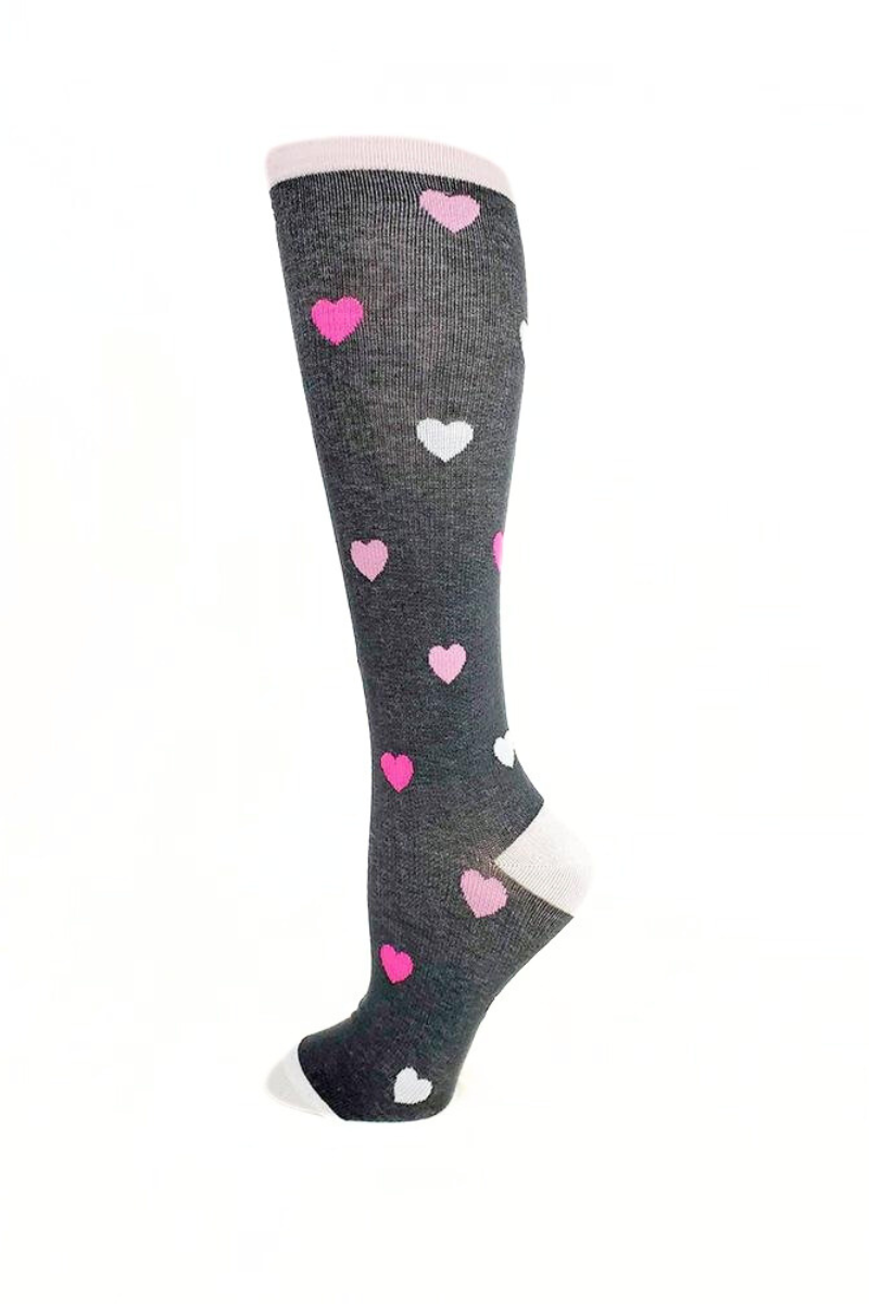 Foot mannequin displaying Pro-Motion Women's Compression Socks in grey with white, pink & hot pink hearts