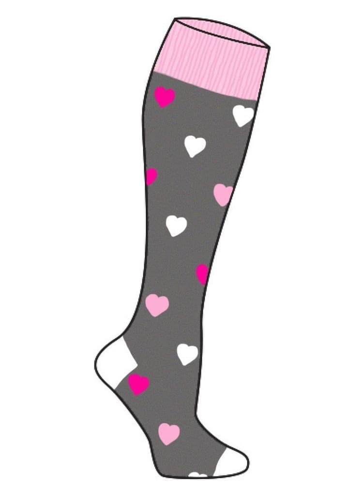 An illustration of the Pro-Motion women's compression sock in "Grey Hearts" on a solid, white background.