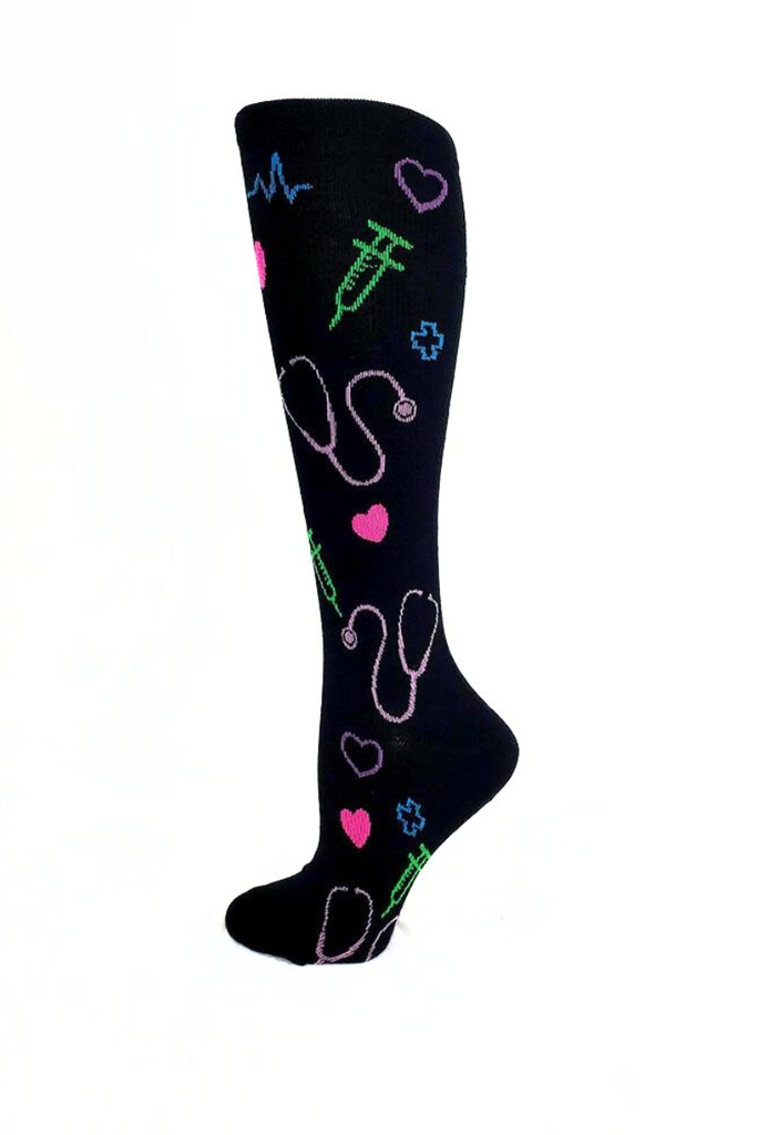 Foot mannequin displaying Pro-Motion Women's Compression Socks in black with medical symbols such as stethoscopes & syringes