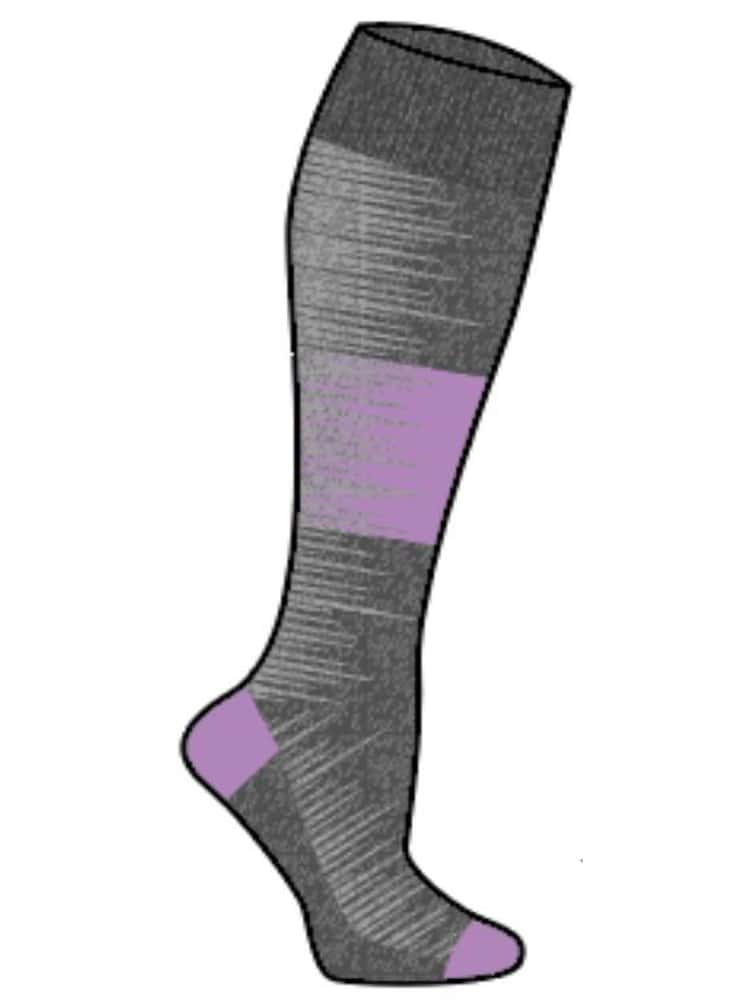 A Pro-Motion Women's Compression Socks in pewter with orchid & white stripes that reduces fatigue