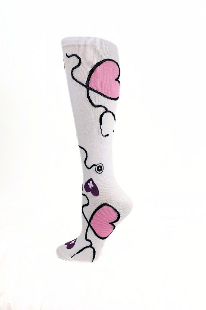 Foot Mannequin displaying Pro-Motion Women's Compression Socks in white with stethoscope and heart print
