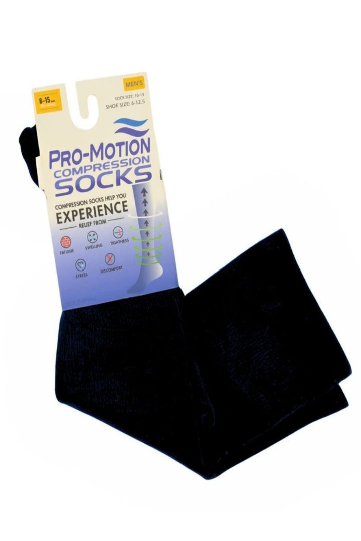 A look at the front of the Pro-Motion Men's Compression Socks in Black on a white background.