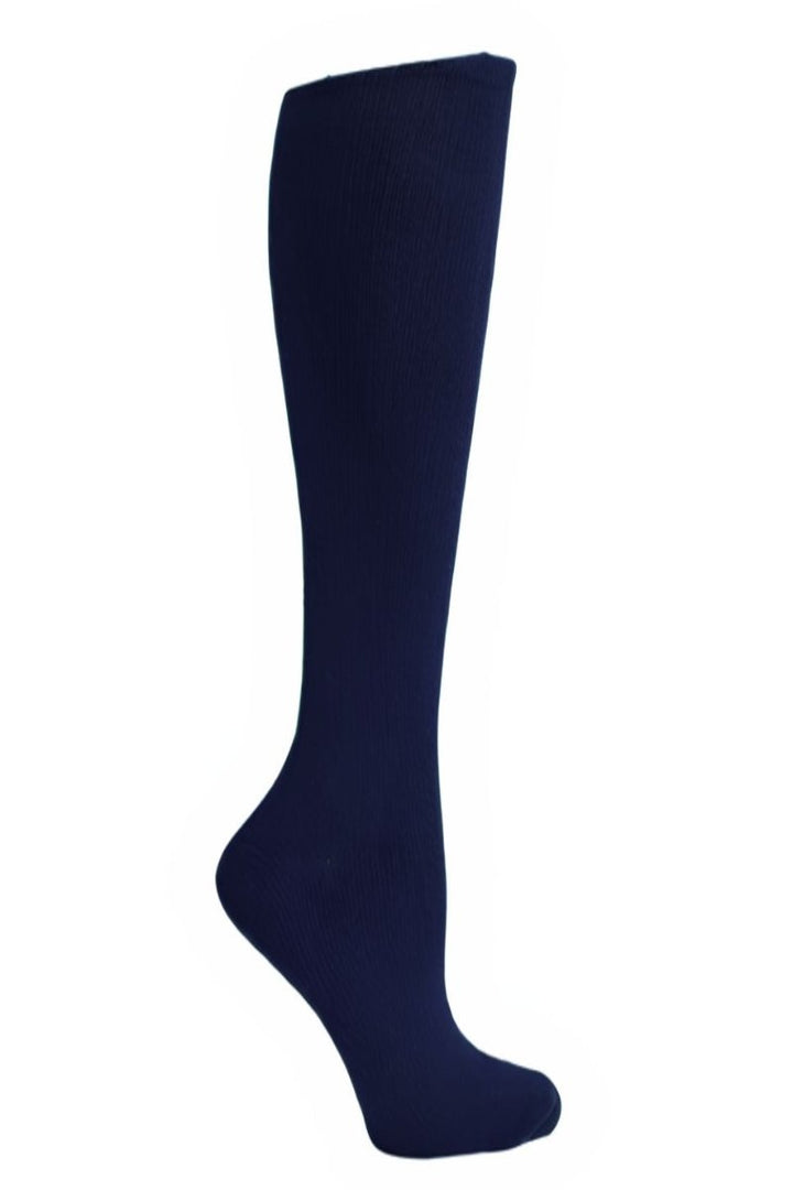 A look at the side of the Pro Motion Men's Compression Sock in Navy featuring 8-15 mmHg of compression.