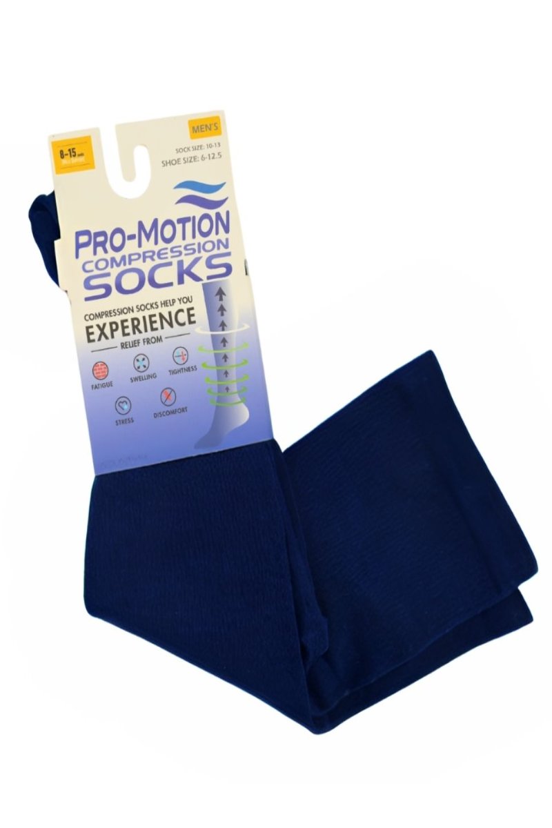 A look at the Pro Motion Men's Compression Sock in Navy Blue while in the packaging on a white background.