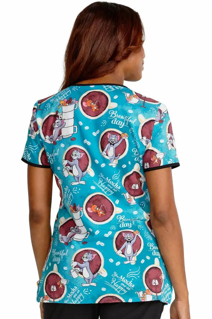 A look at the back of the Mocha Me Happy Tooniforms Women's V-Neck Print Scrub Top in size medium featuring a center back length of 26".