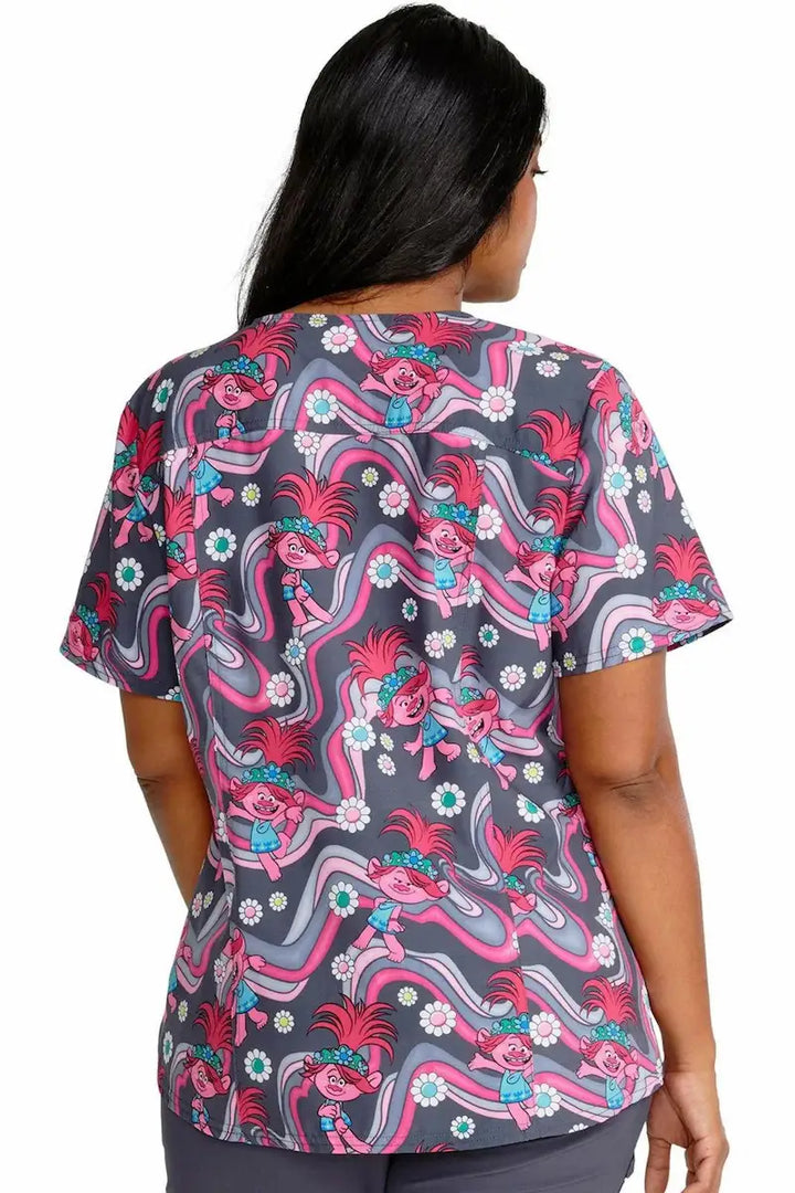 The back of the Tooniforms Women's V-Neck Print Top in Trollstopia size medium featuring a center back length of 27.75".