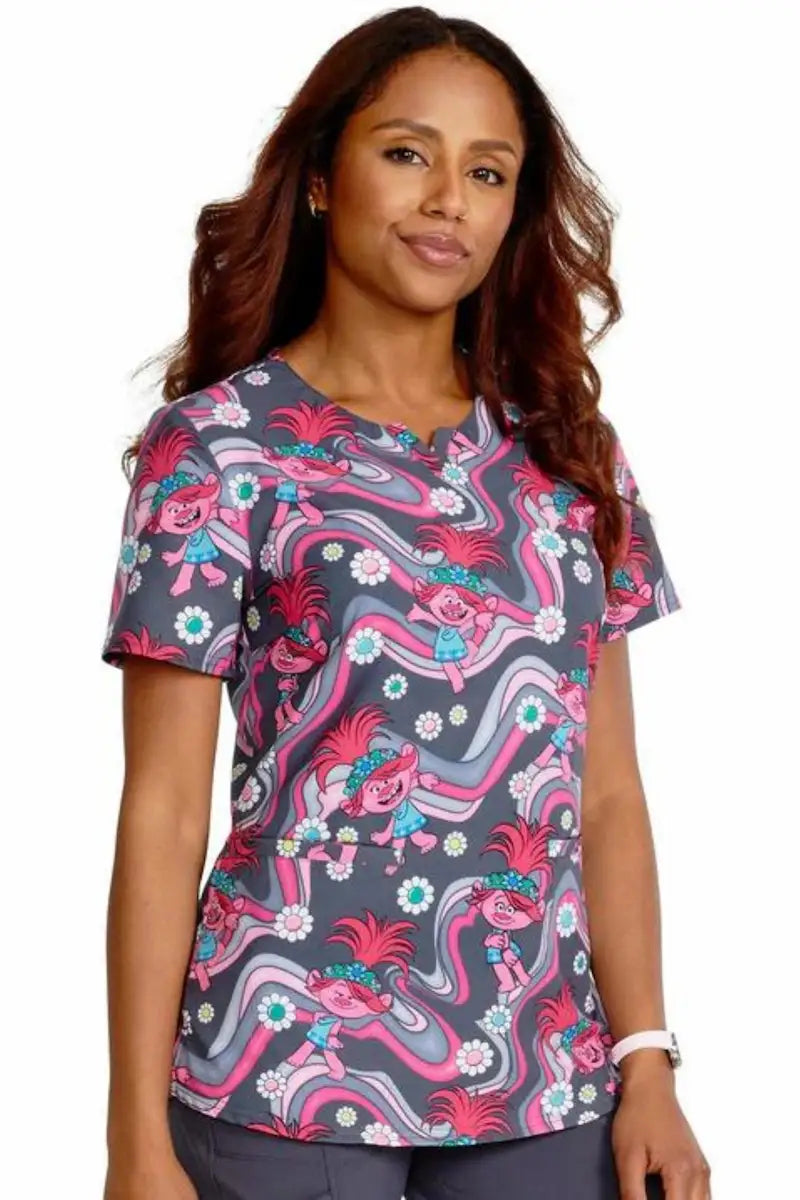 The front of the Women's V-Neck Print Top Trollstopia
 from Cherokee Tooniforms featuring a notch neckline.