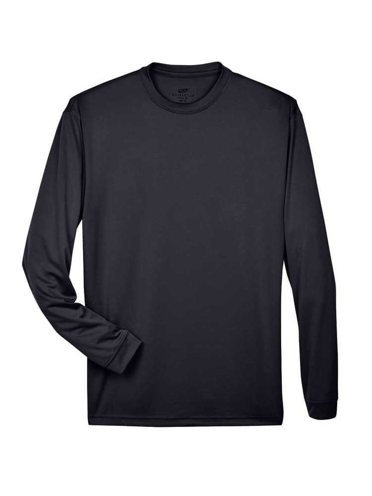 An image of the front of an UltraClub Men's Cool & Dry T-Shirt in Black size 4XL featuring long sleeves.