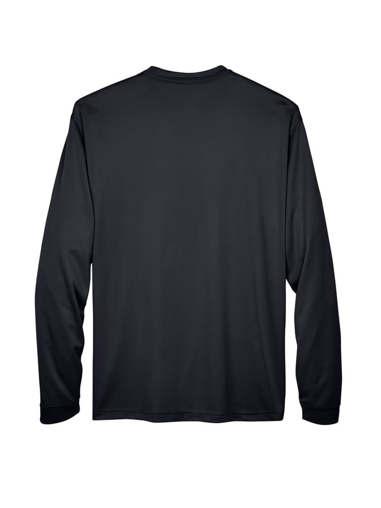 An image of the back of the UltraClub Men's Cool & Dry Long Sleeve T-Shirt in Black size Small featuring an Athletic fit.