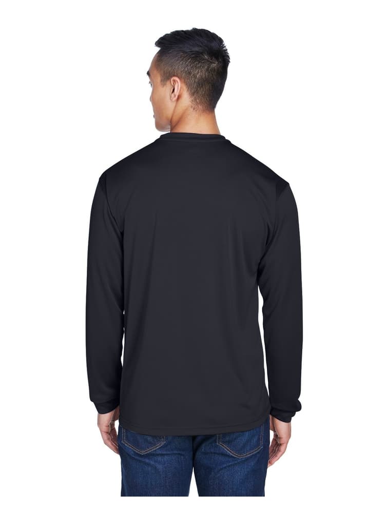 A young Male LPN wearing an Men's Cool & Dry Long-Sleeve T-Shirt in Black size Medium featuring a unique pill-resistant fabric.