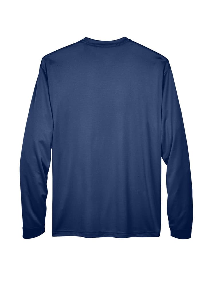 An image of the back of the UltraClub Men's Cool & Dry Long Sleeve T-Shirt in Navy size Small featuring an Athletic fit.