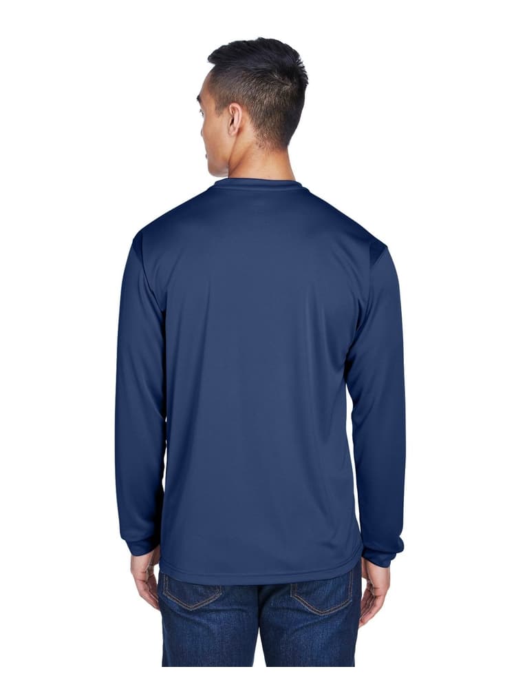 A young Male LPN wearing an Men's Cool & Dry Long-Sleeve T-Shirt in Navy size Medium featuring a unique pill-resistant fabric.