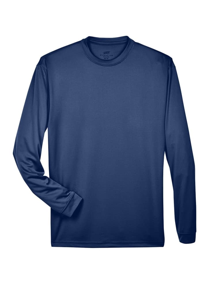 An image of the front of an UltraClub Men's Cool & Dry T-Shirt in navy size 4XL featuring long sleeves.