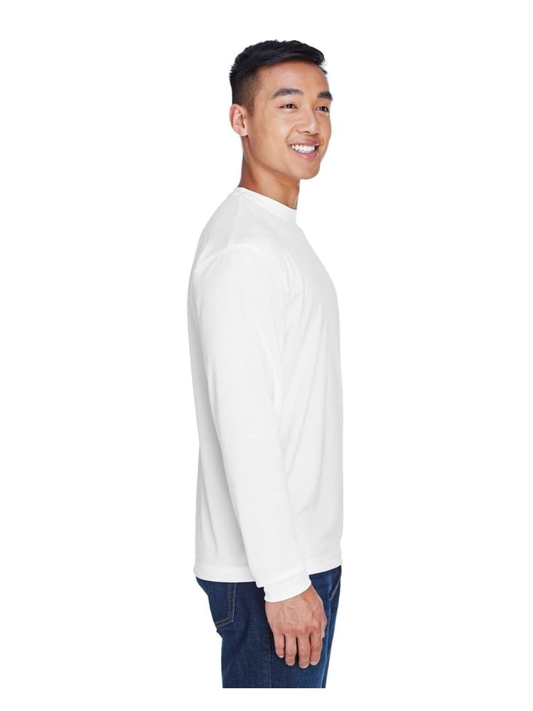 A young male Registered Nurse wearing an UltraClub Men's Cool & Dry Long Sleeve T-Shirt in White size 3XL featuring a 100% polyester mesh fabric.