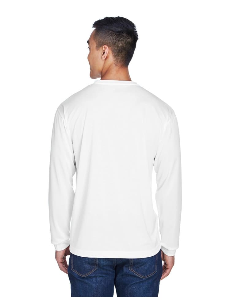 A young Male LPN wearing an Men's Cool & Dry Long-Sleeve T-Shirt in White size Medium featuring a unique pill-resistant fabric.