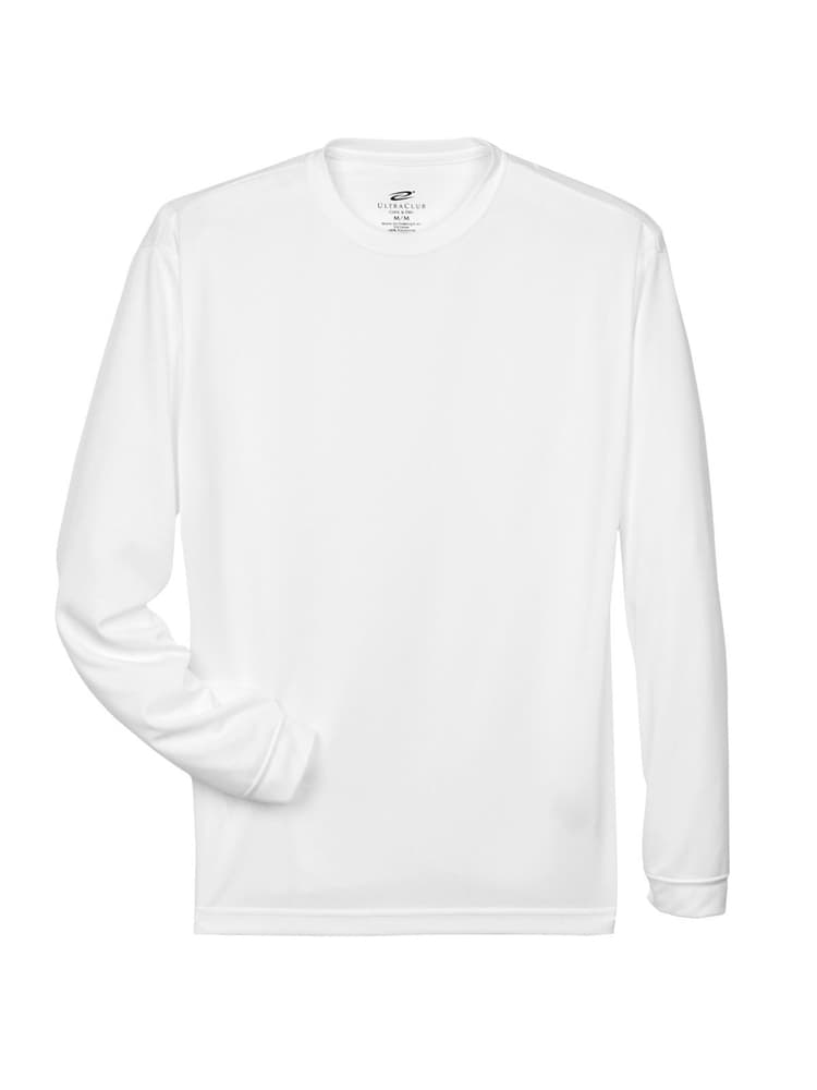 An image of the front of an UltraClub Men's Cool & Dry T-Shirt in White size 4XL featuring long sleeves.