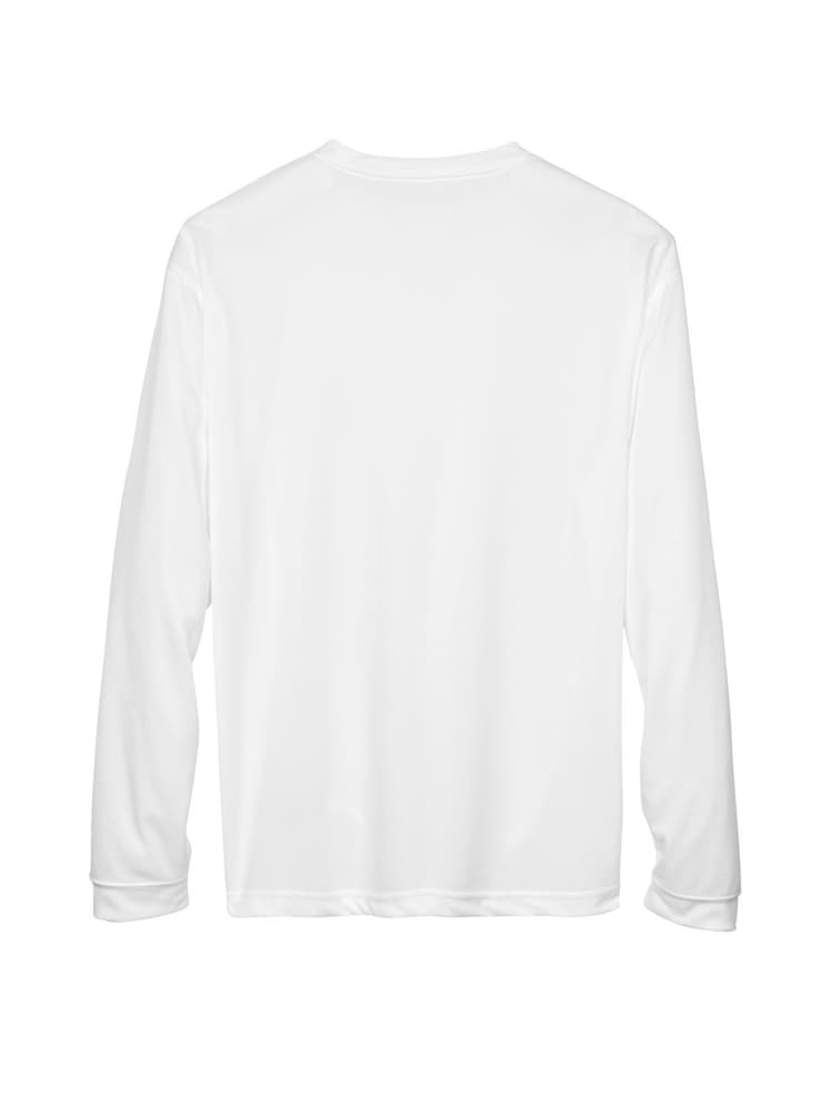 An image of the back of the UltraClub Men's Cool & Dry Long Sleeve T-Shirt in White size Small featuring an Athletic fit.