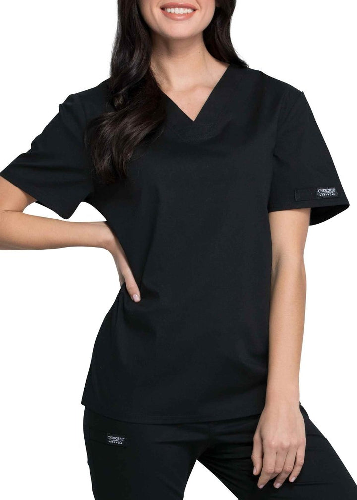 The front of the Cherokee Unisex Pocketless Scrub Top in Black featuring short sleeves and streamline fit.