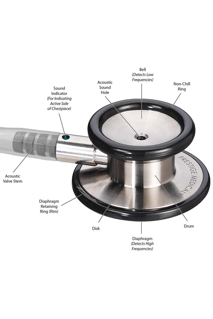 A close up image of the Prestige Medical Clinical I Stethoscope's Chestpiece featuring a lightweight anodized aluminum.