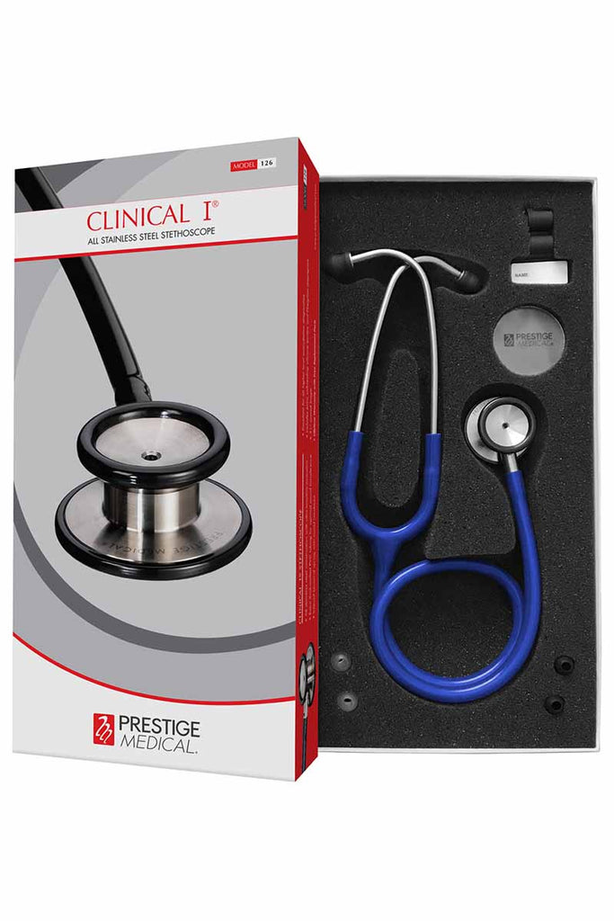 An image of the Prestige Medical Clinical I Stethoscope in Royal featuring 2 sizes of soft ear tips, replacement diaphragm & an ID Tag.