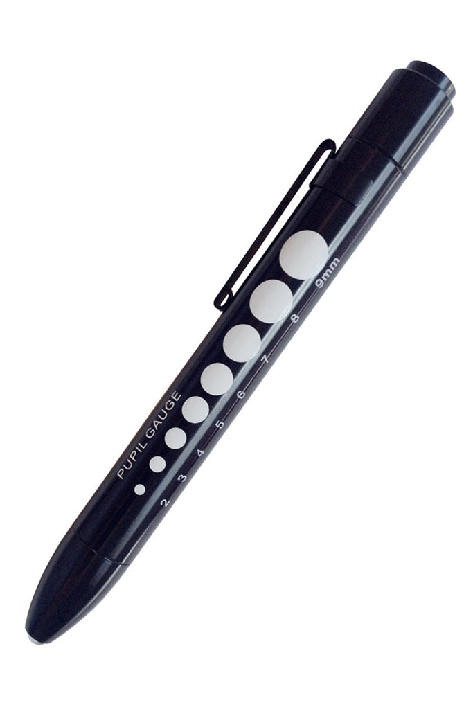 An image of the Prestige Medical Soft LED Pupil Gauge Penlight in Black featuring 1 AAA battery.
