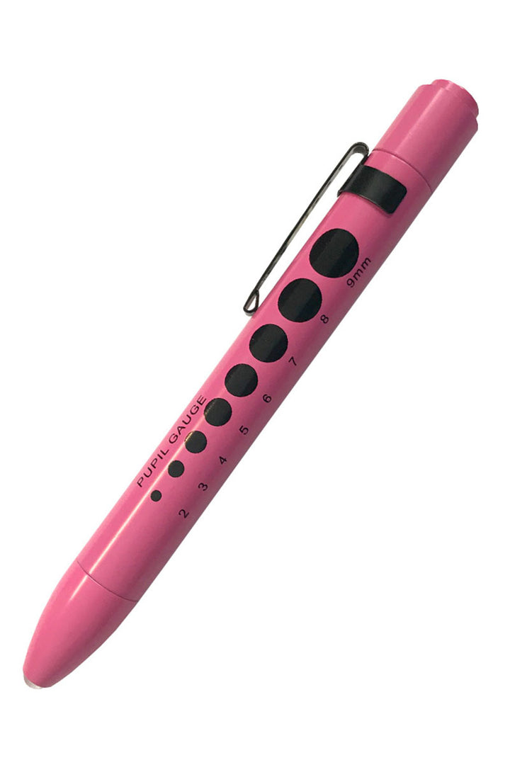 An image of the Prestige Medical Soft LED Pupil Gauge Penlight in Hot Pink featuring a durable metal construction.