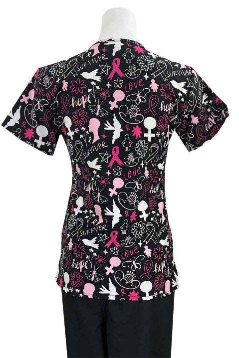 A Women's Breast Cancer Awareness Print Top from Essentials in "Ribbons of Hope" featuring an easy care, quick drying fabric that prevents sagging.