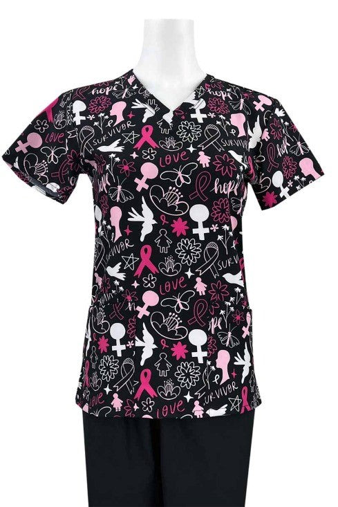 An Essentials Women's Breast Cancer Awareness Print Top in "Ribbons of Hope" featuring a total of 3 pockets for all of your on the job storage needs.