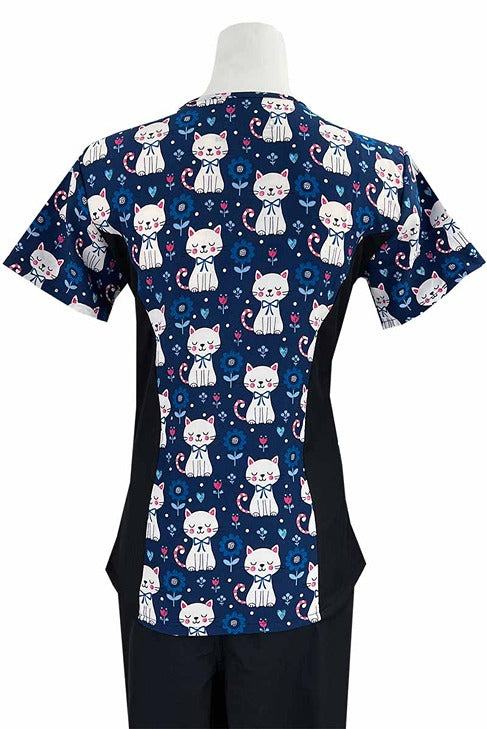 An Essentials Women's Zip Neck Scrub Top in "Sleepy Kittys" featuring 2 front patch pockets for all of you on the go storage needs.