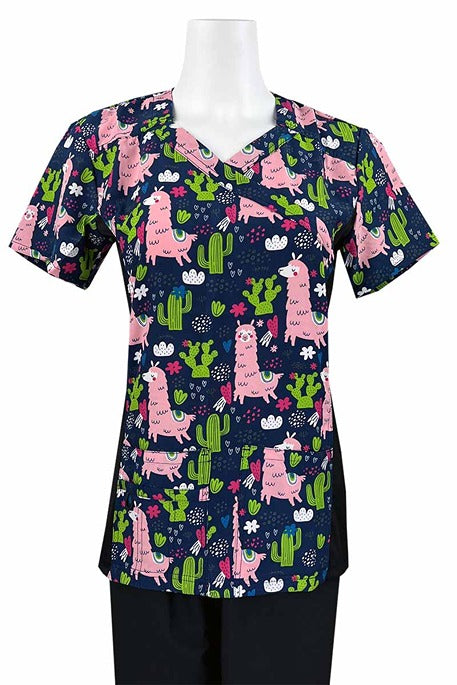 A Women's Mock Wrap Side Panels Scrub Top from Essentials in "Llamas in Pink" featuring side stretch panels & an easy care, quick drying fabric that prevents sagging.
