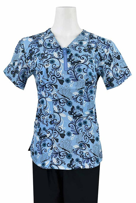 A Women's Zip Neck Scrub Top from Essentials in "Blue Whimsey" featuring a chic zip up neckline & stylish seaming throughout.