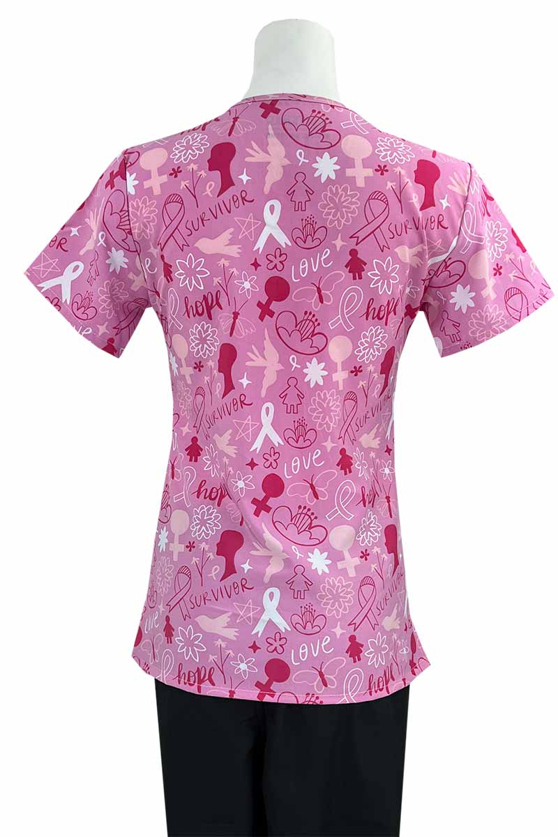 A Women's Breast Cancer Awareness Print Top from Essentials in "Breast Cancer Survivor" featuring an easy care, quick drying fabric that prevents sagging.