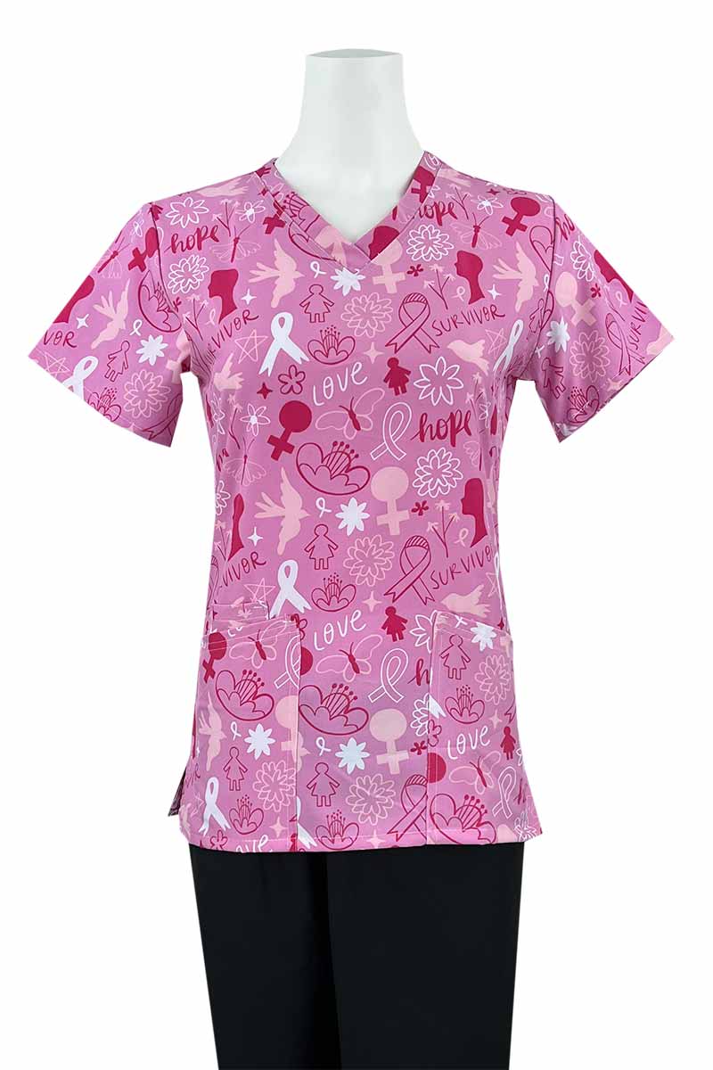 An Essentials Women's Breast Cancer Awareness Print Top in "Breast Cancer Survivor" featuring a total of 3 pockets for all of your on the job storage needs.