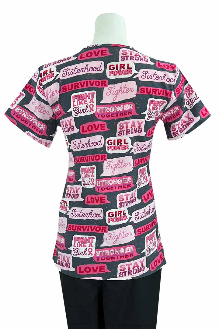 A Women's Breast Cancer Awareness Print Top from Essentials in "Breast Cancer Conversation Black" featuring an easy care, quick drying fabric that prevents sagging.